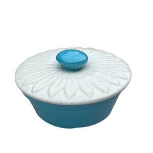 MCM Retro Speckled Turquoise Aqua Seafoam and White Daisy Covered Bowl with Lid